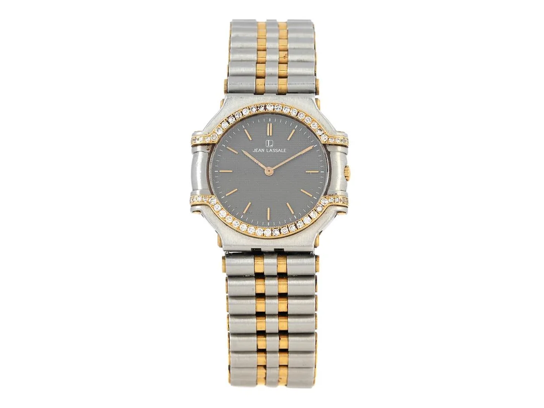 JEAN LASSALE, Geneve, Thalassa, Boett nr. 2F 70 518/S 62159, damur, 25 mm, stål/guld, quartz, safirglas, diamanttkrans (50 st. 8/8), integrerad originallänk, viklås, längd 165 mm, ca 1995. — Klockor/Lassale — Kaplans