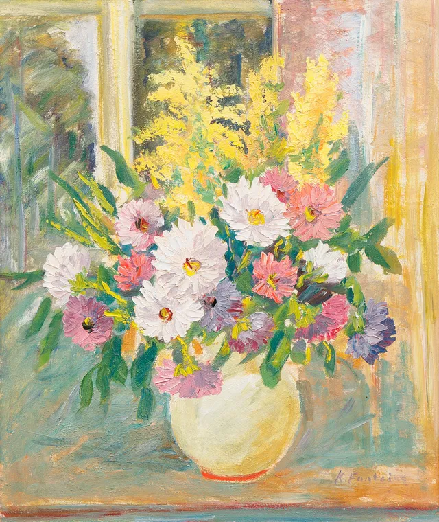 KATARINA FONTAINE. olja på pannå, stilleben, signerad.
