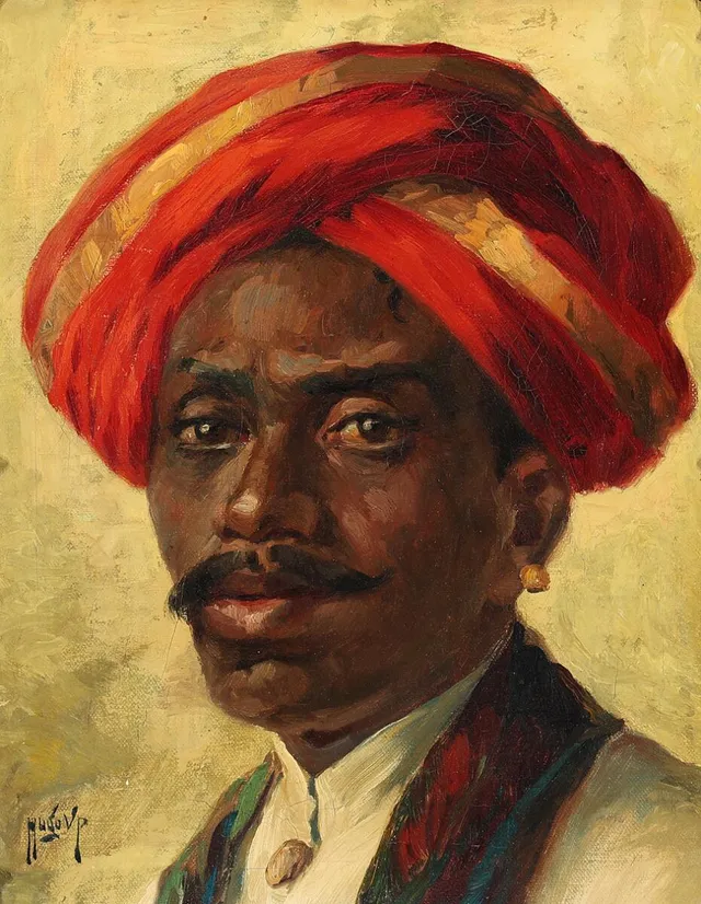 A man with red turban. Signed Hugo V. P. Oil on canvas. 36×28.5 cm.