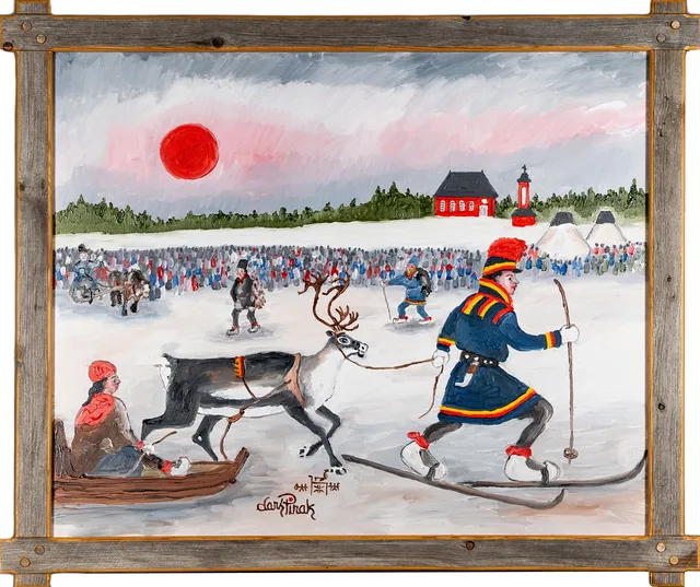 LARS PIRAK. Olja på duk, Jokkmokks marknad, signerad.