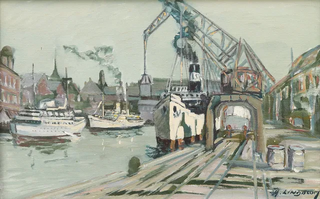 HJALMAR LINDBLOM. Malmö hamn, olja på duk, signerad.
