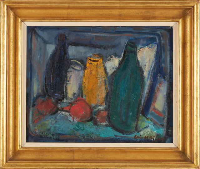 ERIC H. OLSON. Olja på pannå, stilleben, signerad.