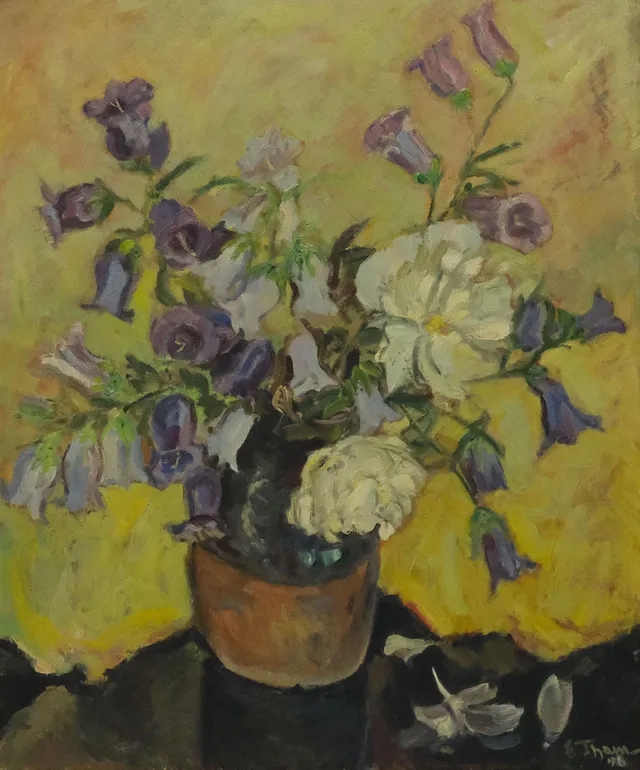 CARIN THAM. OLJA PÅ PANNÅ, STILLEBEN, DATERAD 1946, 63X53CM.