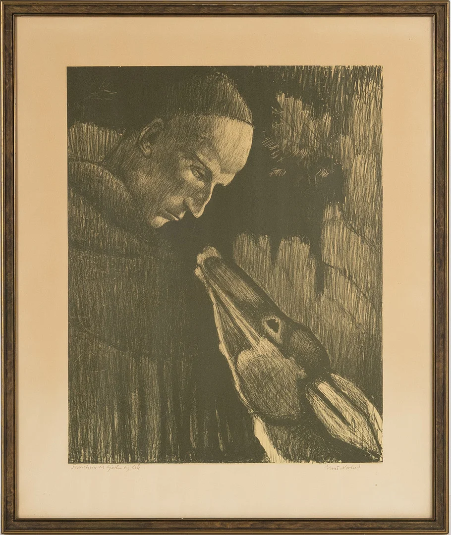 ERNST NORLIND. Litografi, "Fransiscus och hjorten". — Engravings & Prints — Stockholms Auktionsverk Helsingborg