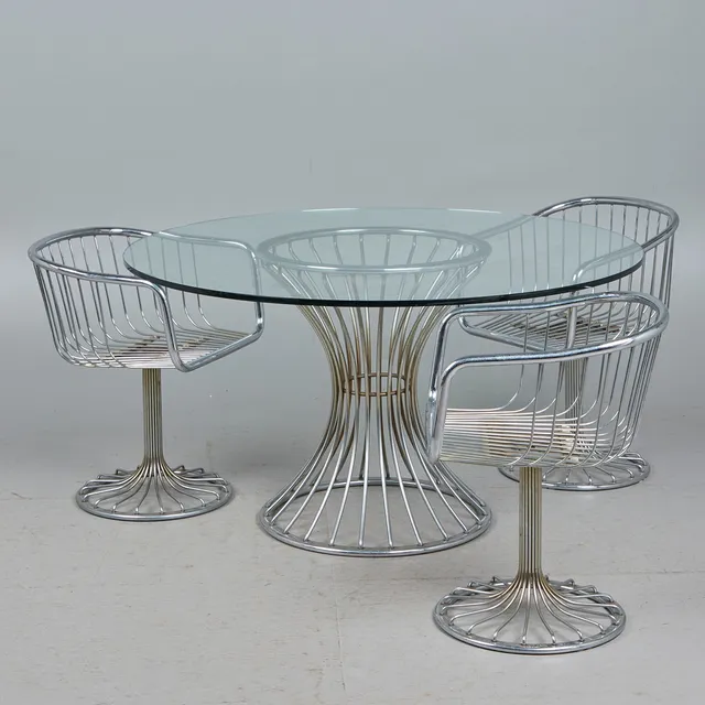 GASTONE RINALDI. Rima, Esstisch mit drei Stühlen, Stahl, verchromt, Glas, 1970er, Italien (4).