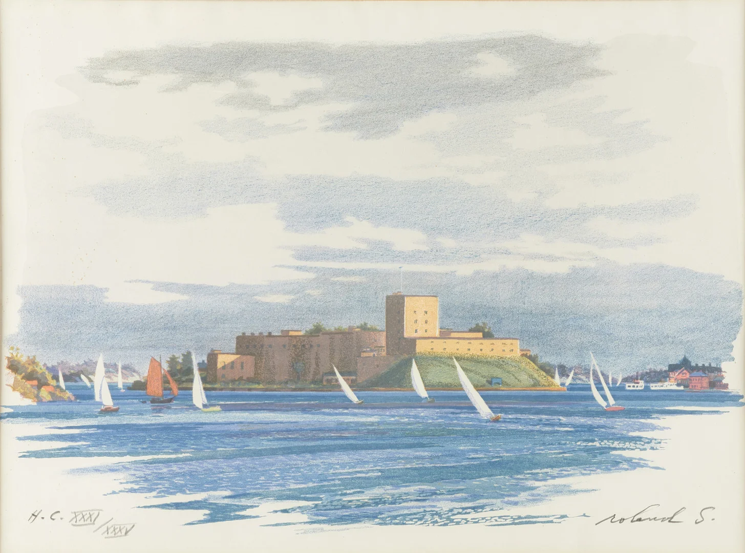ROLAND SVENSSON (1910-2003): "Vaxholms kastell", signerad roland S, HC, färglitografi. — Engravings & Prints — Crafoord Auktioner Stockholm