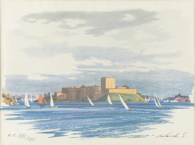 ROLAND SVENSSON (1910-2003): "Vaxholms kastell", signerad roland S, HC, färglitografi.