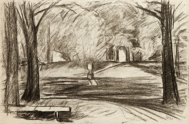 KARL NORDSTRÖM (Tjörn 1855-1923 Drottningholm). Landskap från Hagaparken, signerad, daterad 1917, kol på papper.