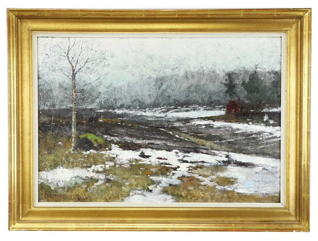 OLOF HERMELIN (1827-1913). Olja på duk, "Vårdimma", signerad, daterad 1896. — Paintings — Hälsinglands Auktionsverk