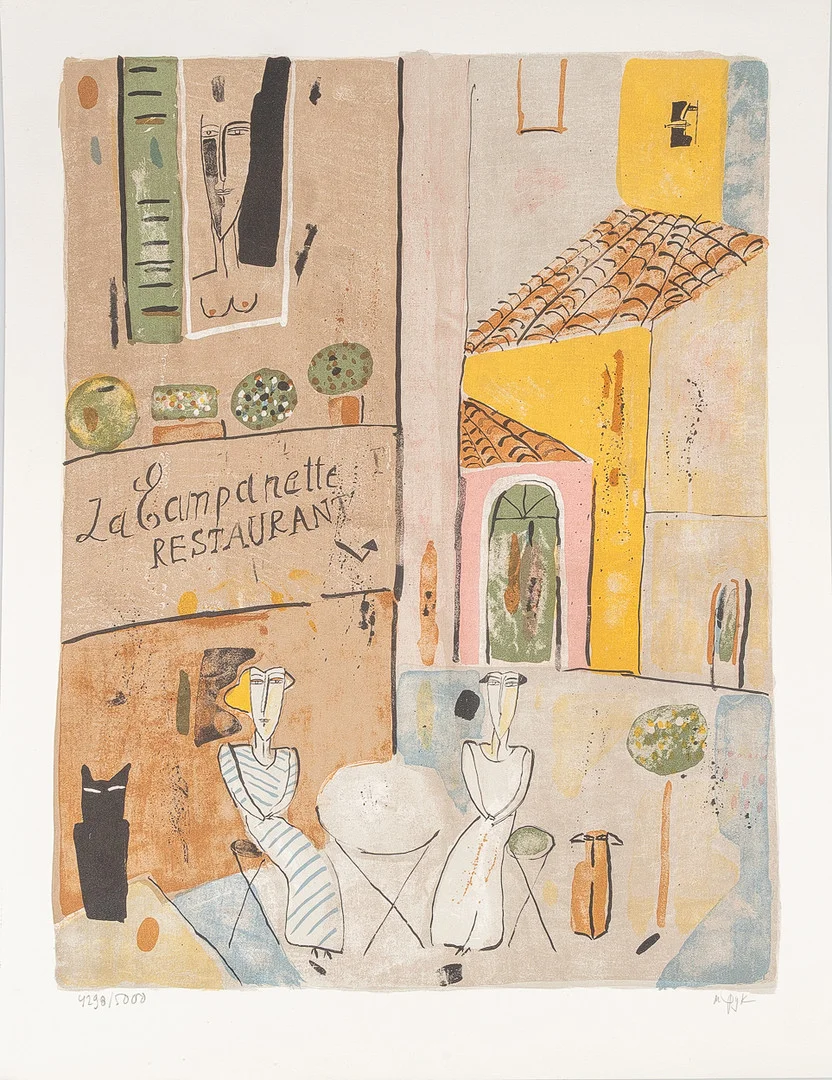 MADELEINE PYK. La Campanette Restaurant, färglitografi, oramat blad. — Engravings & Prints — Stockholms Auktionsverk Helsingborg