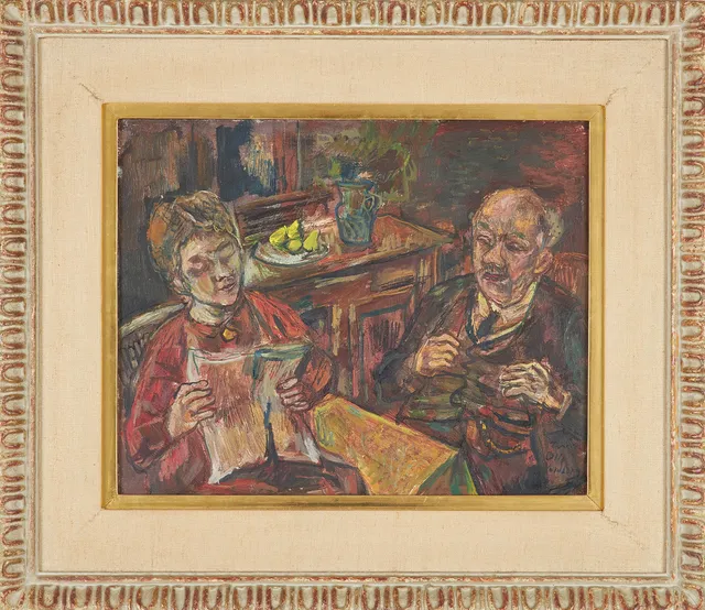OLLE NORDBERG. Interiör med par, olja på pannå, signerad.