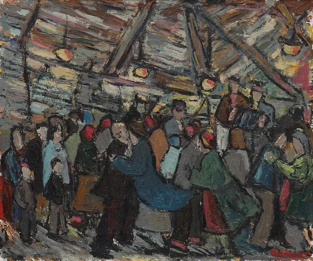 KAI CHRISTENSEN. "Logdans, Örebro", olja på duk, signerad.