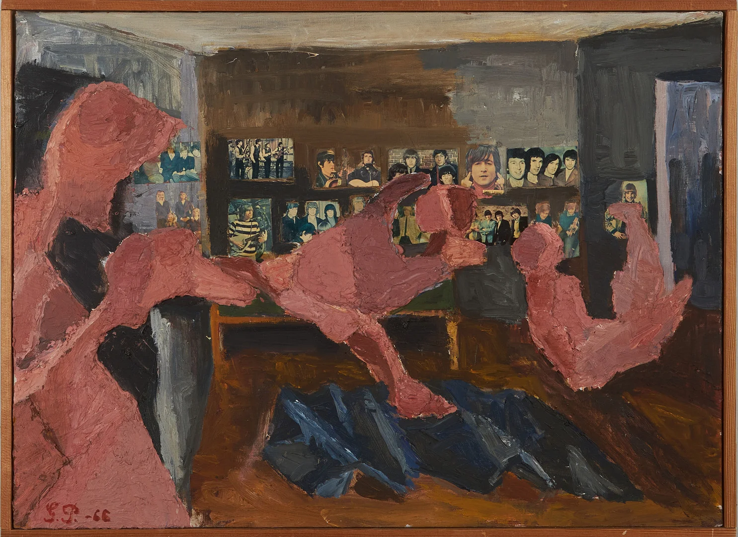 GÖSTA PETTERSSON. " Barnen bråkar", olja på duk med kollageteknik, föreställande bland annat The Beatles, monogramsignerad G.P.- daterad-66. — Paintings — Stockholms Auktionsverk Magasin 5