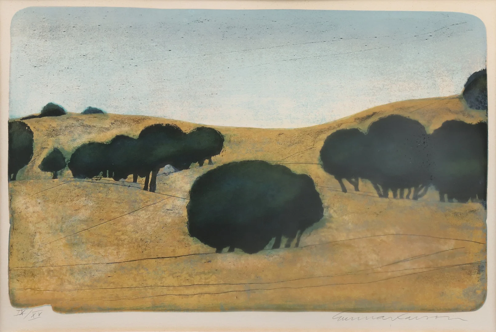 GUNNAR LARSSON (1925-2020). Skånskt landskap, litografi nr. IX/XV, signerad. — Engravings & Prints — Garpenhus Auktioner
