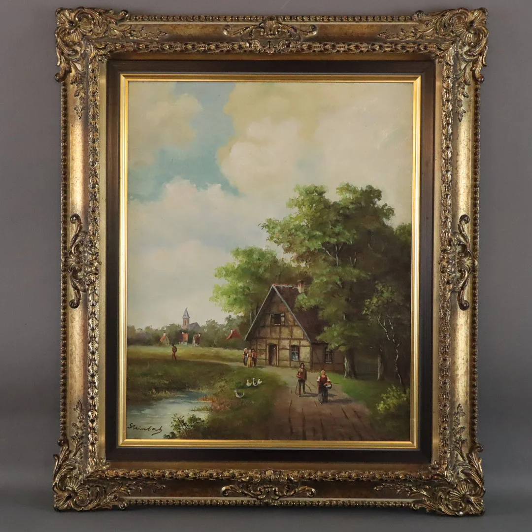- STEINBACH, FRANZ. Bauerngehöft mit Enten am Weiher und Figurenstaffage. — Paintings — Auktionshaus Blank