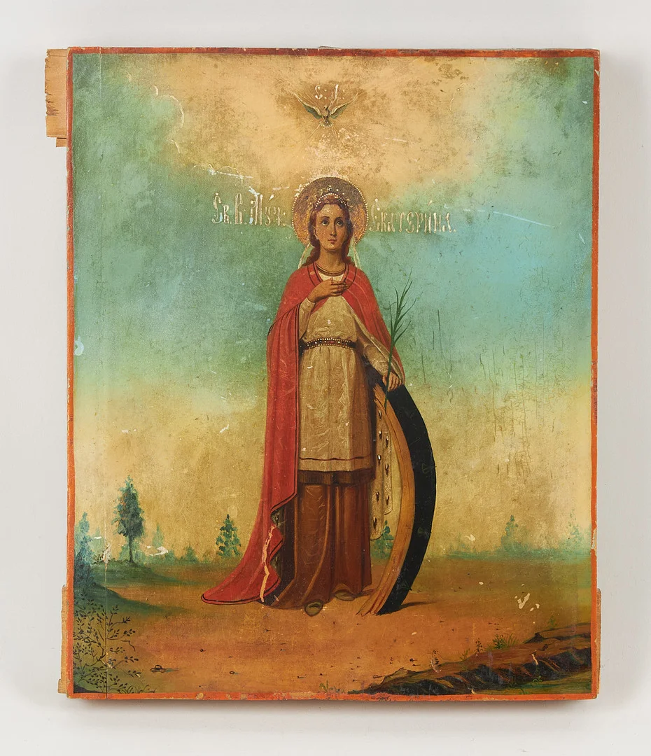 IKON, St. Catherine of Alexandria, Ryssland tidigt 1900-tal, tempera på träpannå. — Other — Stockholms Auktionsverk Helsinki