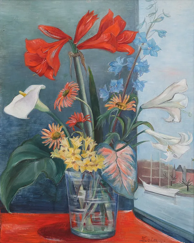ZOIA KRUKOVSKYA LAGERKRANS. OLJA PÅ PANNÅ, BLOMSTERSTILLEBEN, SIGNERAD.