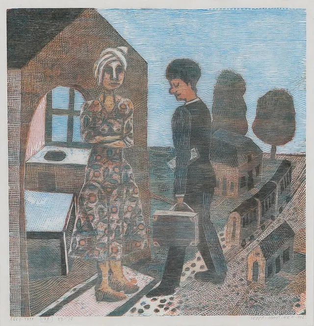 “Kolportøren” (The Peddler). Signed Seppo Mattinen 1992, own print, 27/30. Woodcut on Japan paper. Visible size 37.5×37.5 cm.