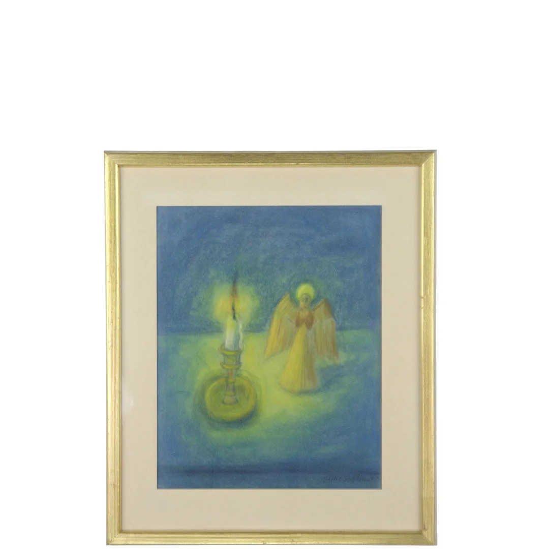 GILLIS SAHLIN. Blandteknik på papper, ängel och ljusstake, signerad. — Paintings — Höganäs Auktionsverk