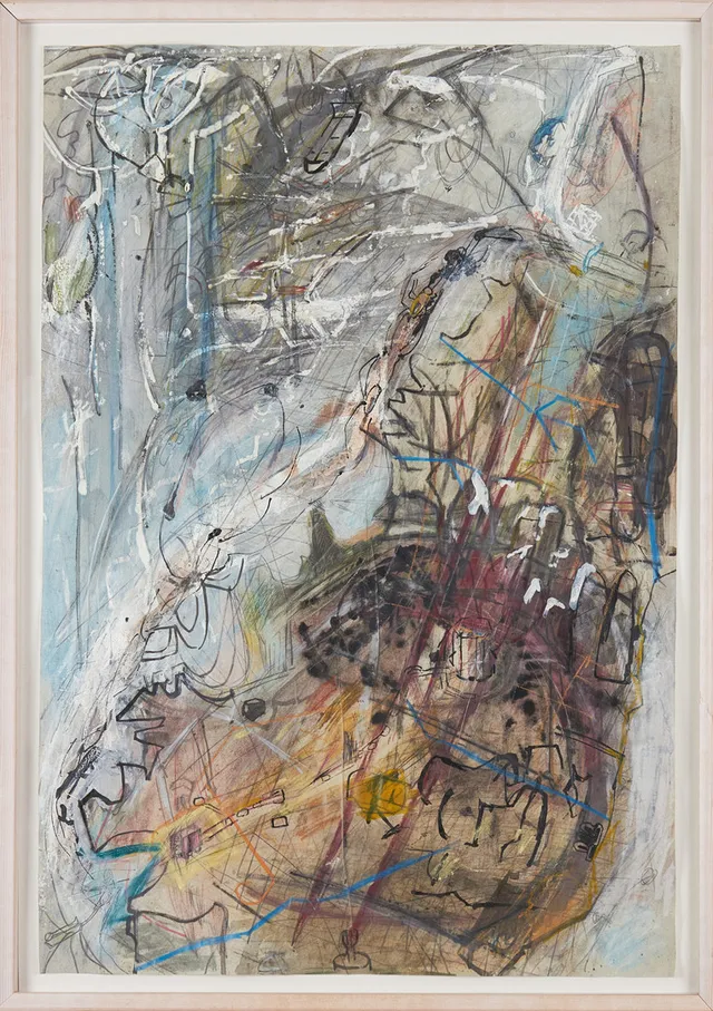 KENT LINDFORS ( 1938). " Ned mot Compostela", blandteknik på papper, á tergo med titel och datering 1990-93.