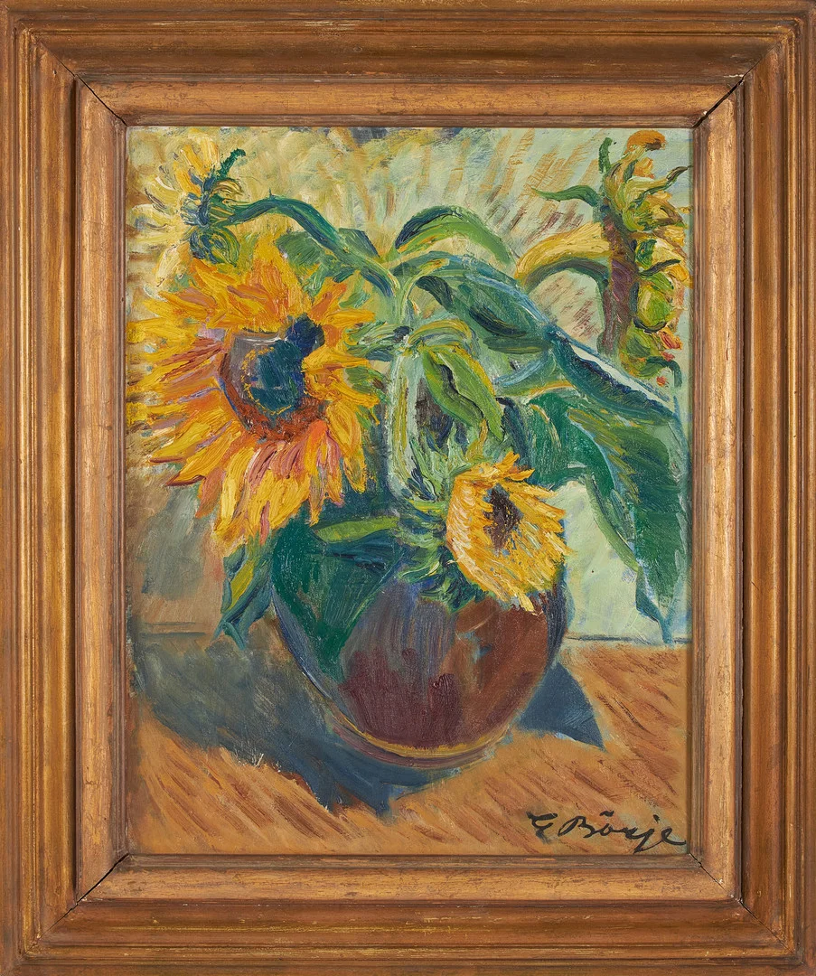 GIDEON BÖRJE. Stilleben med solrosor, olja på pannå, signerad. — Paintings — Stockholms Auktionsverk Sickla