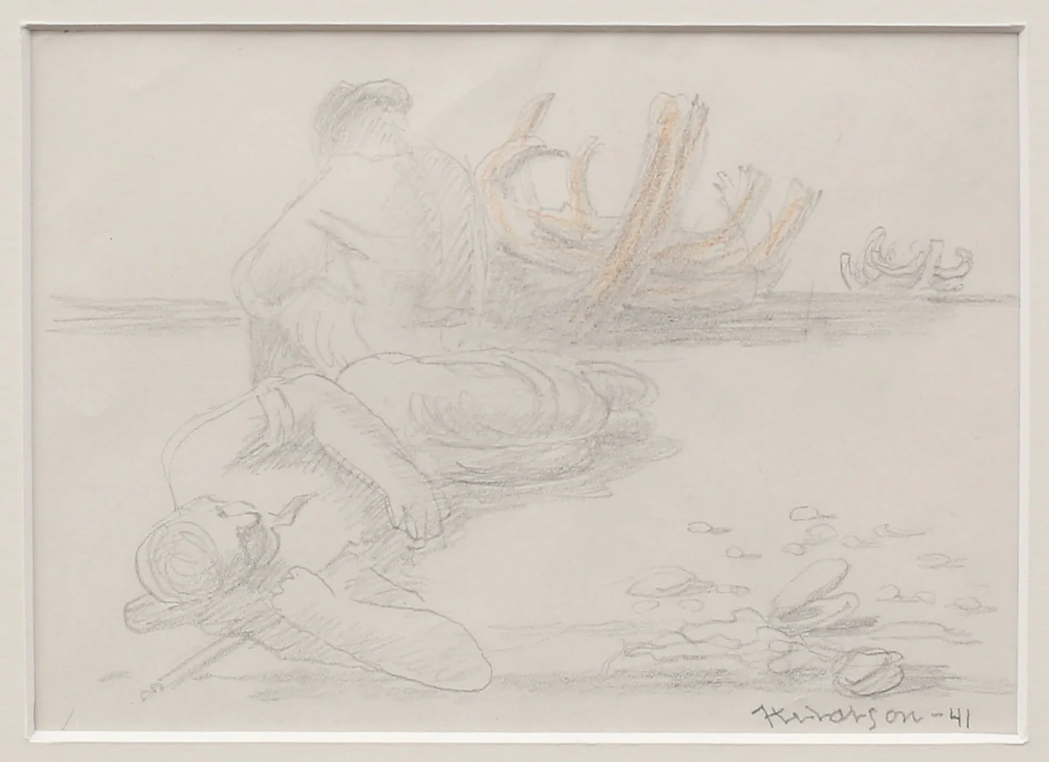 AXEL OLSON. Vilande män på strand, teckning, signerad och daterad -41. — Drawings — Garpenhus Auktioner