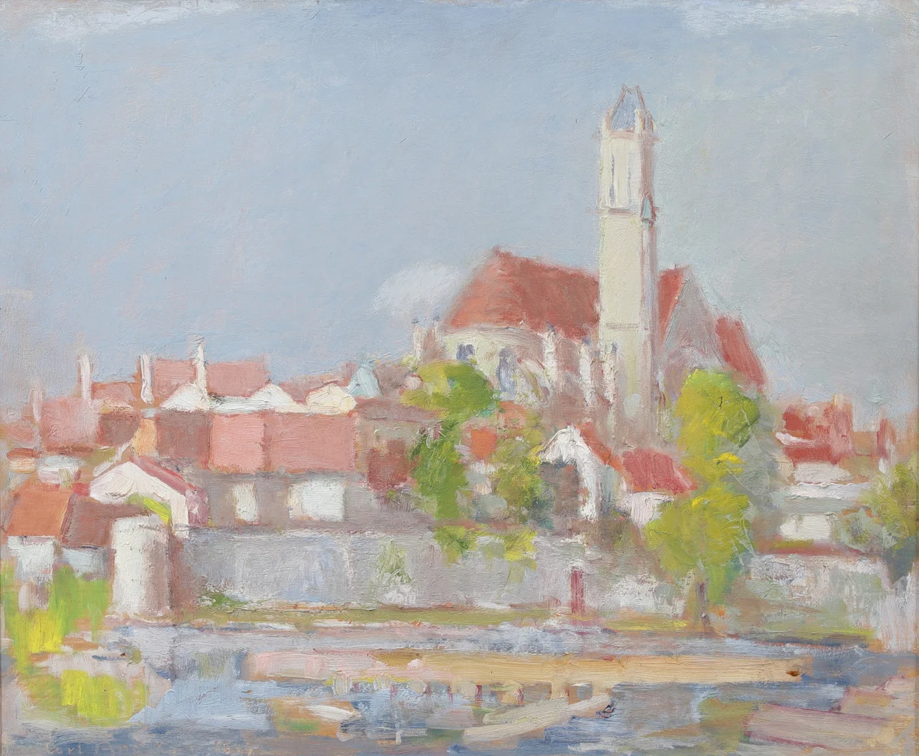 CARL ANDERSON. "Moret sur Loing". Olja på pannå, signerad och daterad 1949. — Paintings — Växjö Auktionskammare