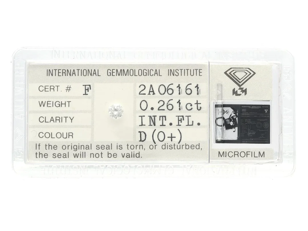DIAMANT, briljantslipad, 0,26 ct, R(D)/IF, IGI certificate 2A06161, förseglad. — Ädelstenar/Diamanter — Kaplans