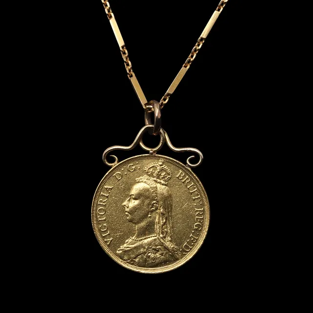 A GOLD QUEEN VICTORIA JUBILEE DOUBLE SOVEREIGN MOUNTED AS PENDANT, 1887.