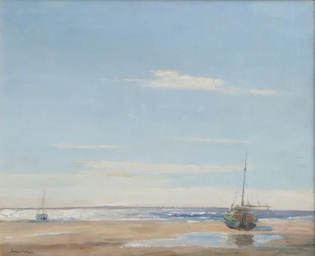 JOHAN ROHDE (F. RANDERS 1856, D. HELLERUP 1935). Strandparti med sejlbåde ved ebbe, antagelig fra Fanø. Sign. Johan Rohde. Olie på plade.