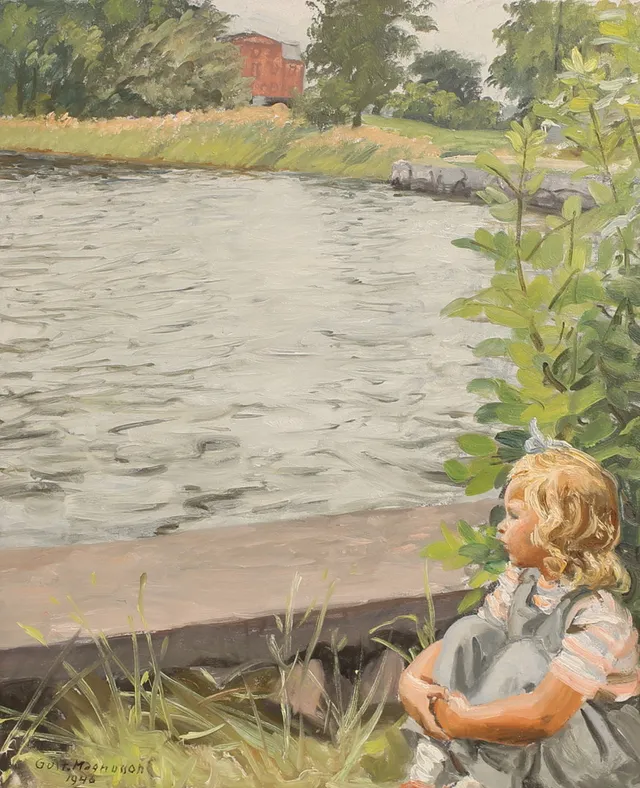 GUSTAV MAGNUSSON. Olja på pannå, "Lillan vid dammen", signerad.