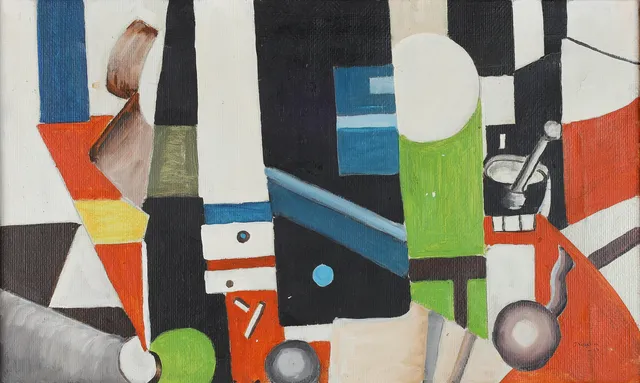 Ubekendt kunstner, komposition i kubistisk stil, olie på lærred, signeret og dateret 1983.