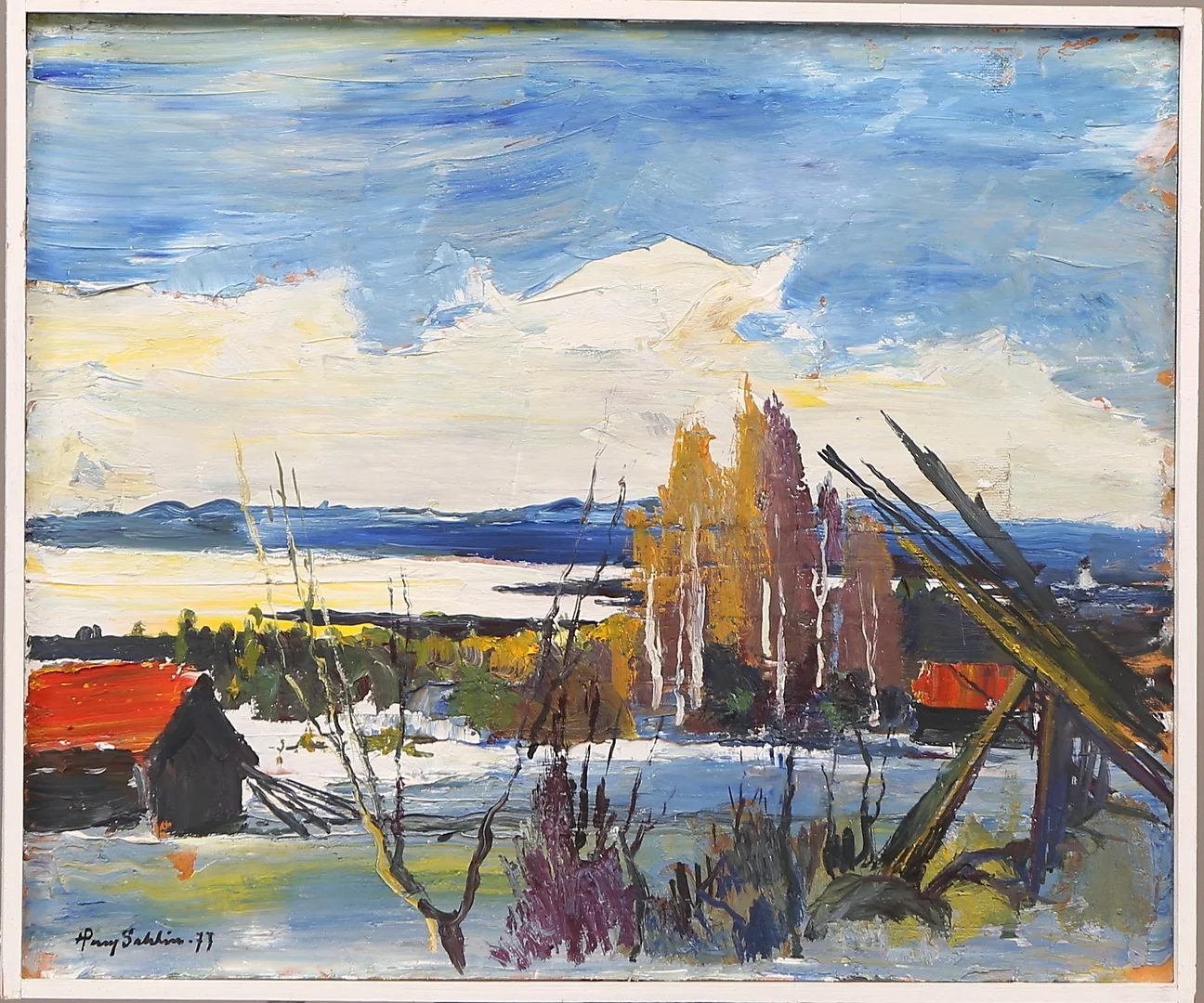 HARRY SAHLIN (1905-1990). olja pannå, signerad Harry Sahlin -77, landskap vid Hornborgarsjön. — Paintings — Leiflers Auktionshus