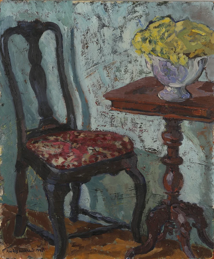 HJÖRDIS LINDBLAD. Interiörbild, olja på pannå, signerad, daterad 1947. — Paintings — Auktionshuset Kolonn