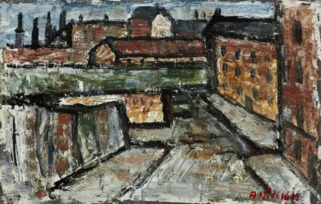 ARNE NILSSON (1925-1979). Under konstruktion, Södergatan mot Hornsgatan, signerad A Nilsson, olja på pannå, omkring 1950.