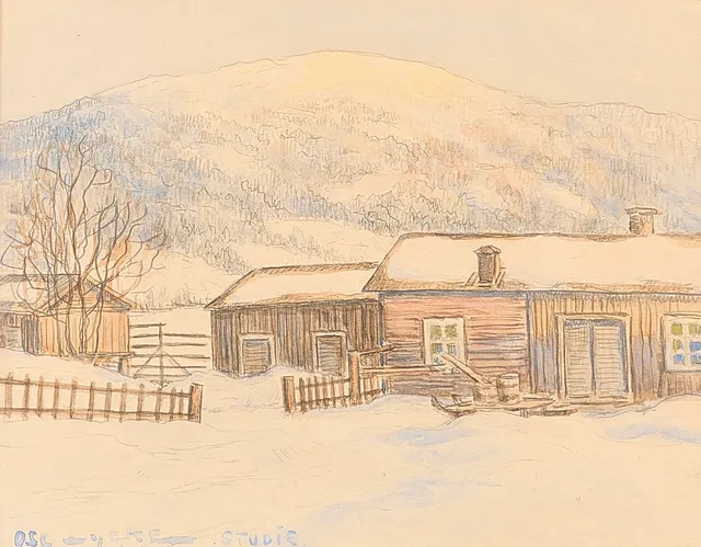 OSCAR LYCKE. Akvarell, studie, gårdslanskap, signerad.