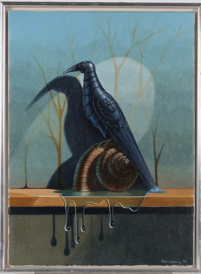 Thor Lindeneg: Lot with snail 'crusader bird' - oil on canvas (cd)
