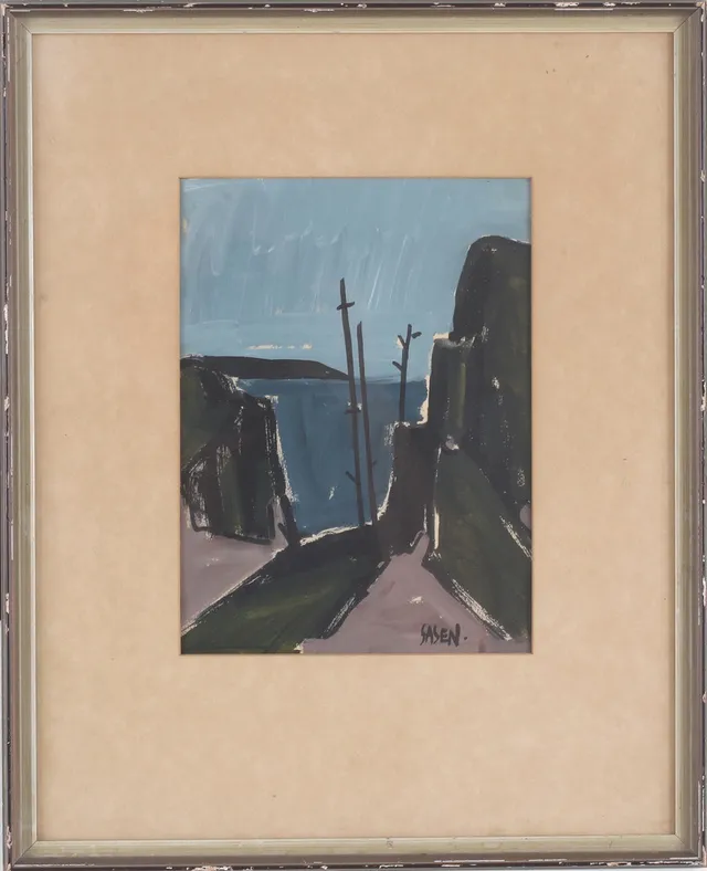 STIG SASEN. Landskapskomposition, gouache, signerad.