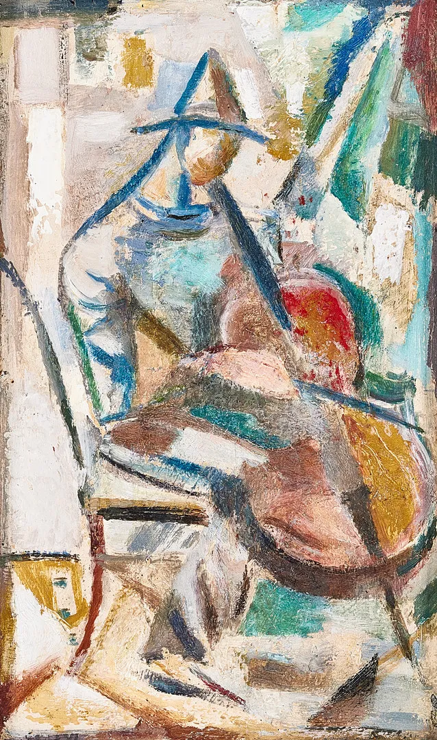 JULES SCHYL. Cellospelare, olja på pannå, signerad.