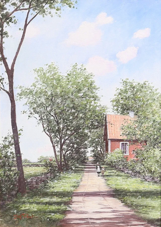 OLOF TRÄNK. "Barn på Ölandsväg". Olja på duk, signerad.