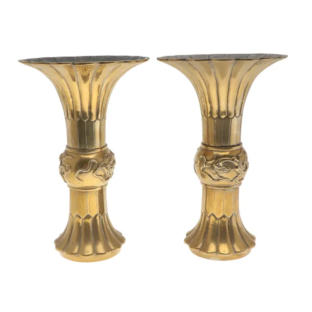 PAIR OF CHINESE BRONZE GU SHAPED VASES.