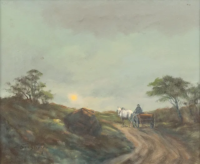 GÖTE SVENSSON (1921-2013). Häst med kärra på väg, olja på duk, signerad.