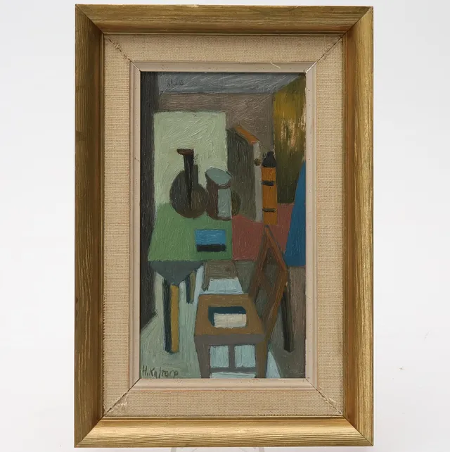 HANS KAJTORP. OLJA PÅ PANNÅ, kubistiskt stilleben, signerad.