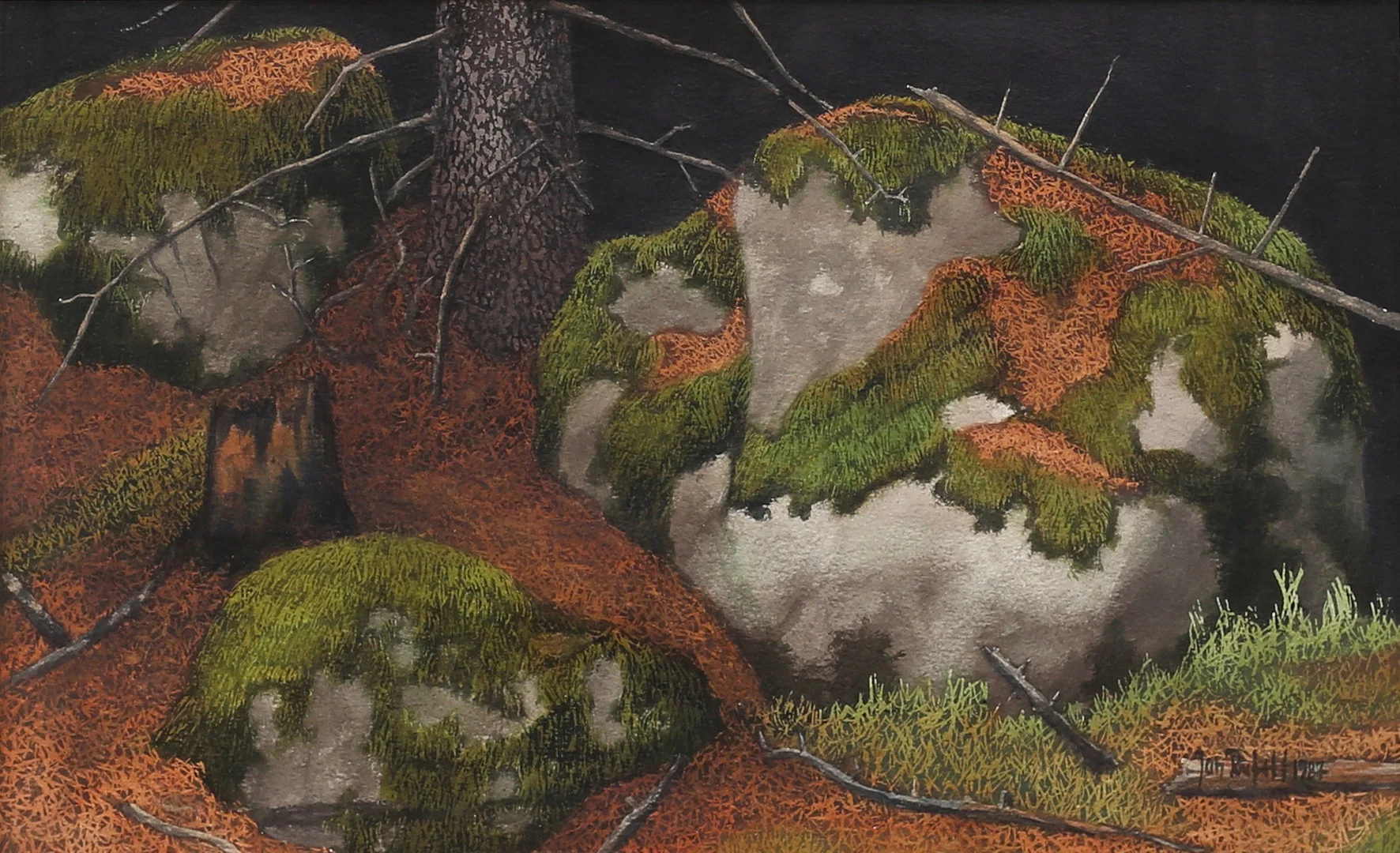 JAN RUFELT (FÖDD 1956). Mossbelagda stenar, blandteknik, signerad och daterad 1987. — Paintings — Garpenhus Auktioner