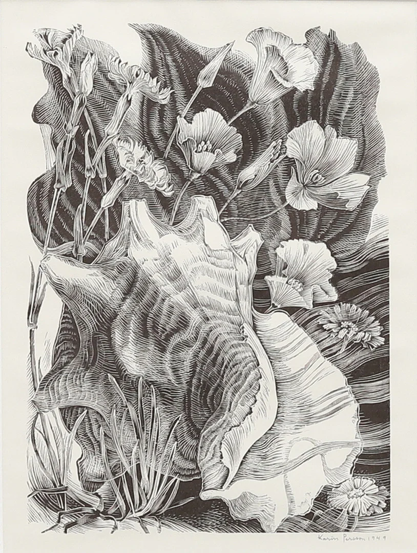 KARIN PERSSON (1891-1971). Blommor och snäcka, träsnitt, signerad och daterad 1949. — Engravings & Prints — Garpenhus Auktioner