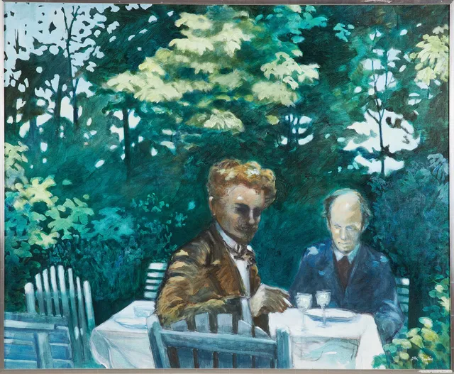 OLLE BERLIN (1932-2021). "August Strindberg med Gunnar Ekelöf", olja på duk, signerad samt 74.