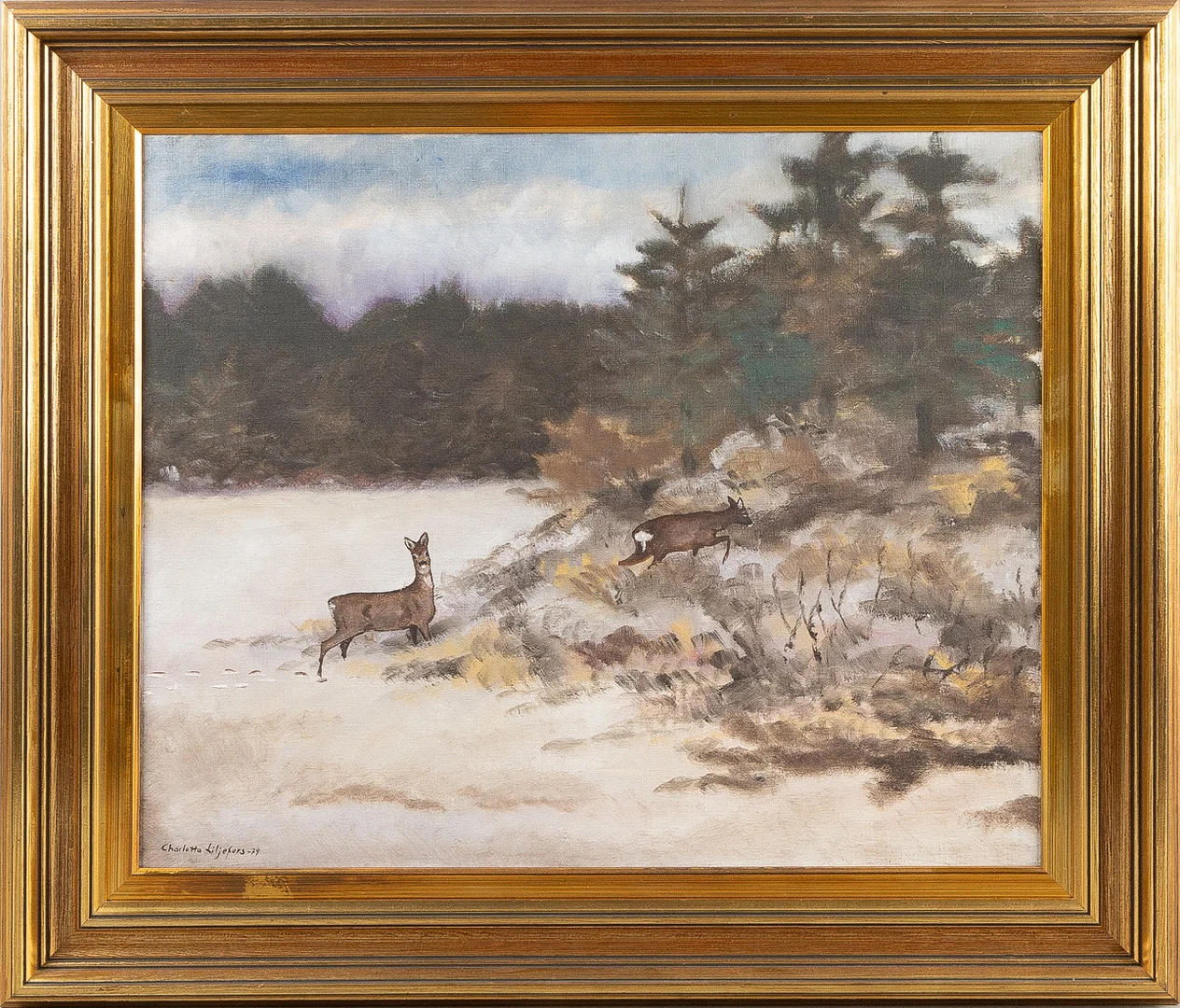 CHARLOTTE LILJEFORS. Olja på duk, rådjur i vinterlandskap, signerad. — Paintings — Stockholms Auktionsverk Helsingborg