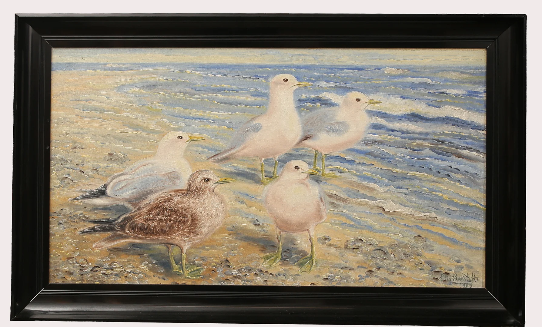 ELIS BARKSTEDT. Olja på duk, "Fiskmåsar vid strandbädd", signerad, daterad 1929. — Paintings — Limhamns Auktionsbyrå