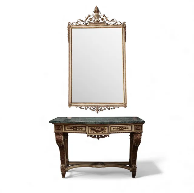 Louis XVI style console and mirror in carved and gilt wood, circa 1900-1930.