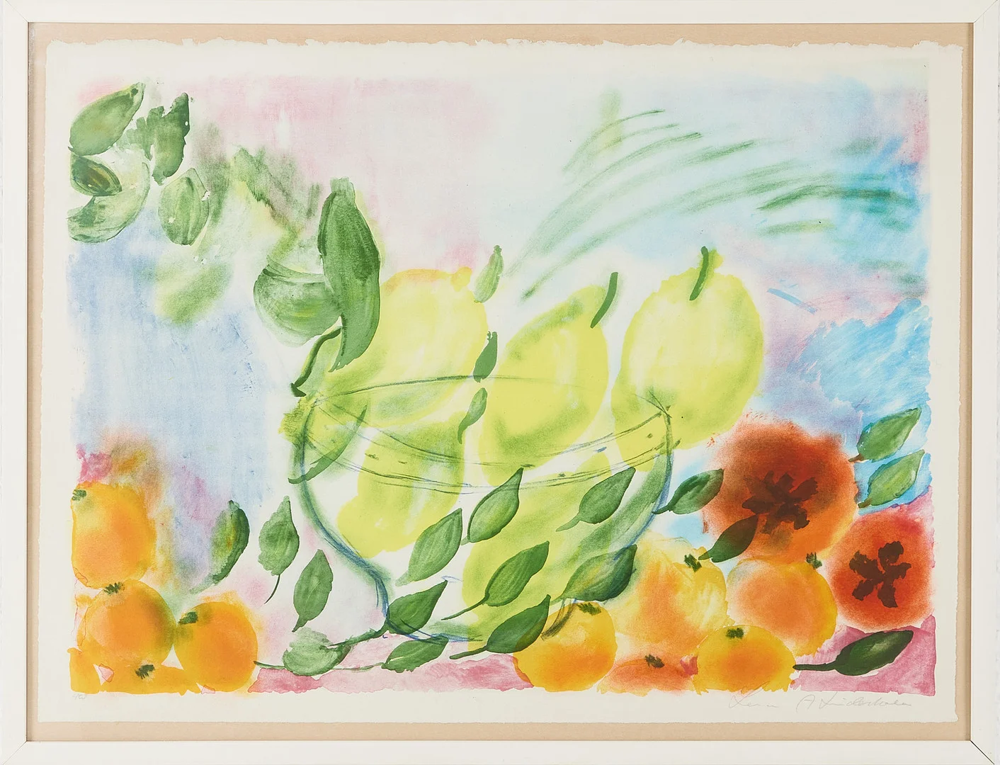 LENA LINDERHOLM. Fruktstilleben, färglitografi, signerad Lena A Linderhom, märkt HC. — Engravings & Prints — Stockholms Auktionsverk Magasin 5